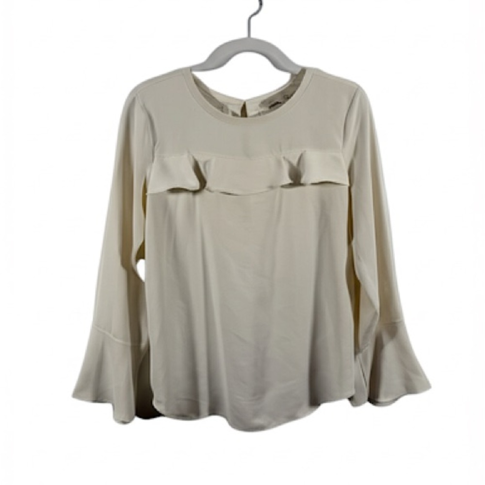 LOFT‎ Tan ivory Ruffled Blouse with Bib Collar Ivory Front Long Sleeve adult XS